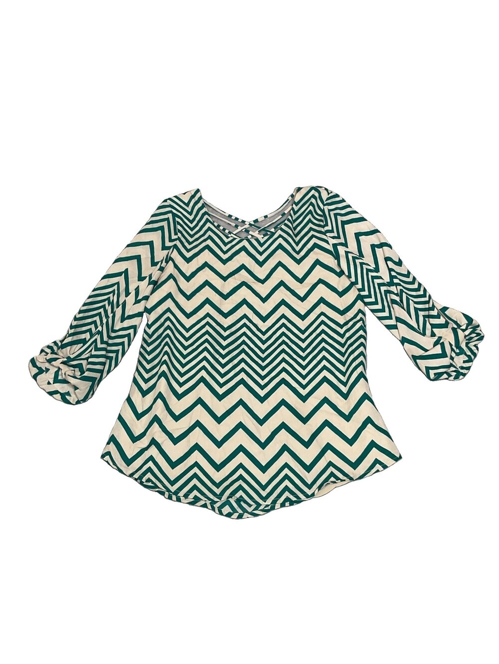 Chevron Blouse With Bow Accent 3/4 Sleeves Crisscross Pattern On The Back ￼